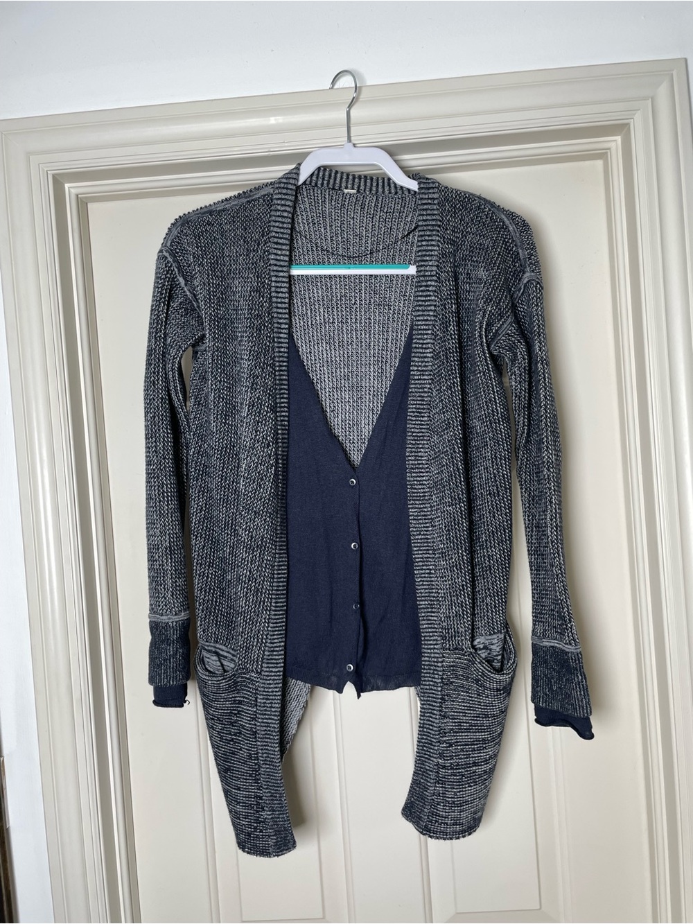 Lululemon Grey Open-Front Knit Cardigan with Navy Layered Look